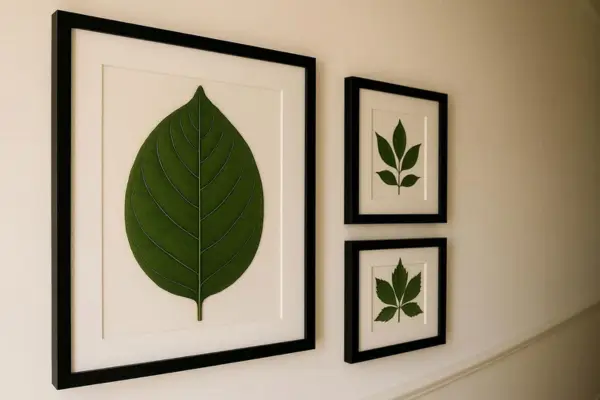 Quadros com folhas prensadas em tamanhos e proporções ideais para corredores estreitos