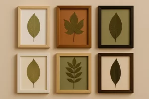 combinações de cores com quadros de folhas prensadas em fundos bege, verde oliva e terracota
