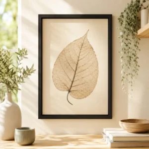 Quadro com folha prensada em moldura preta elegante com decoração escandinava clara e iluminação natural