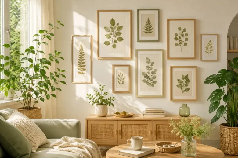 Molduras para quadros de folhas prensadas em composição botânica elegante com decoração natural