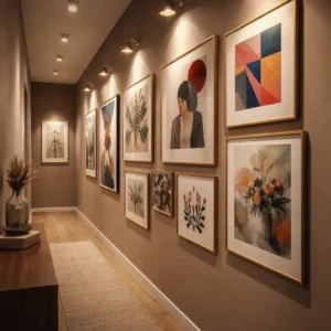 Como decorar corredores estreitos com quadros coloridos e iluminação direcionada