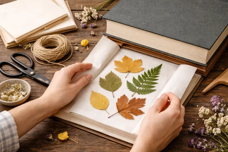 folhas sendo prensadas entre papéis no processo de prensar folhas em casa