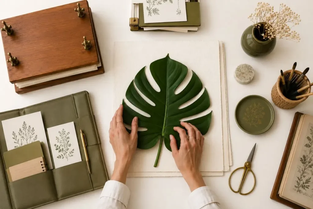 Espaço de trabalho botânico com folha de monstera, prensa de madeira, organizador verde oliva e materiais artesanais sobre fundo off-white