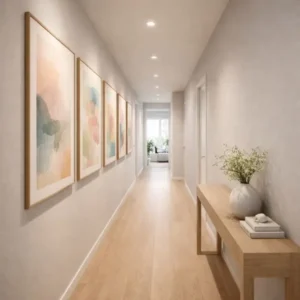 ideias de quadros para corredores estreitos com molduras claras e decoração leve