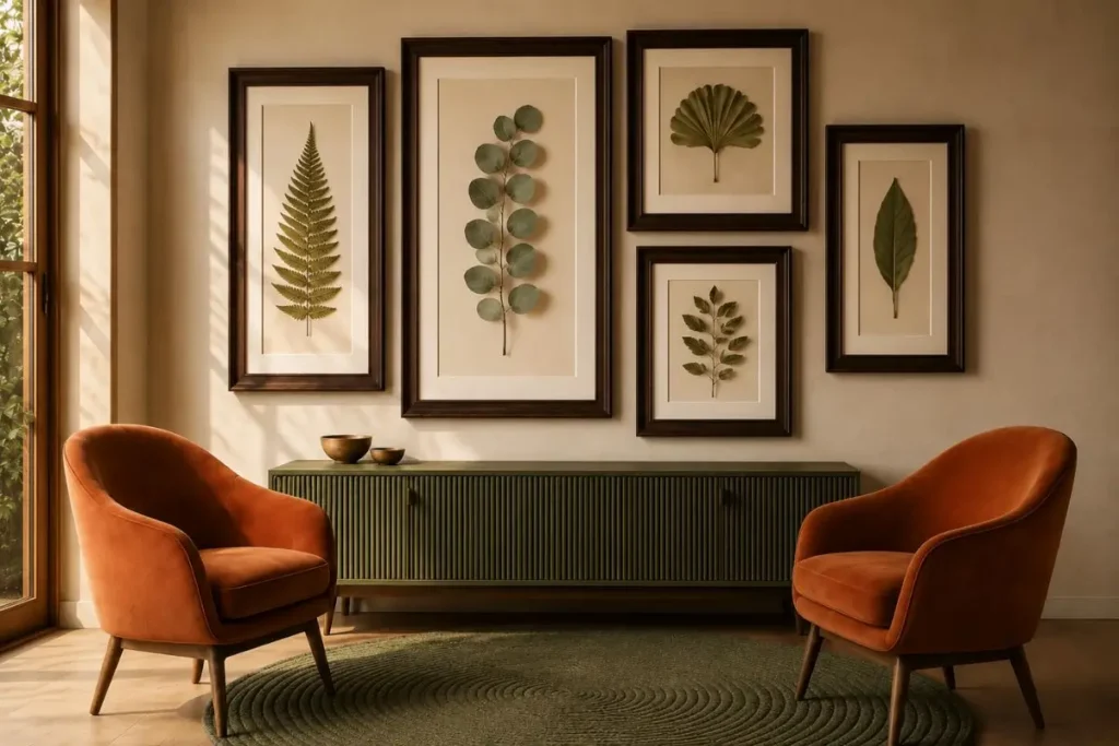 luxurious pressed leaf wall art with dark wood frames in elegant botanical living room