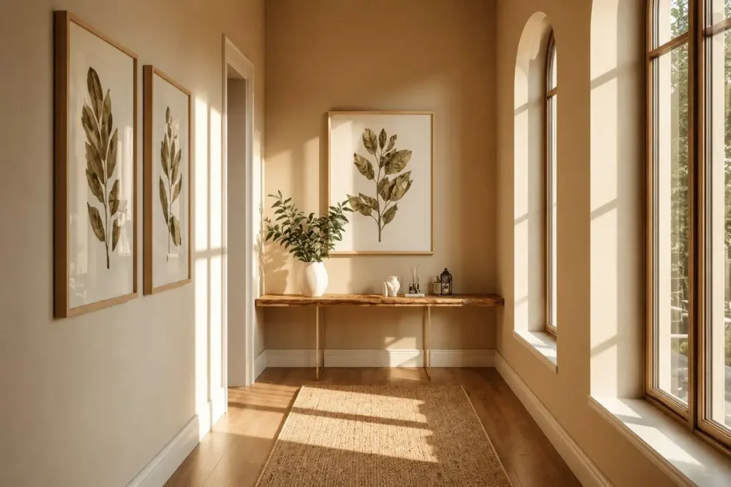 Corredor elegante com iluminação natural valorizando quadros de folhas prensadas