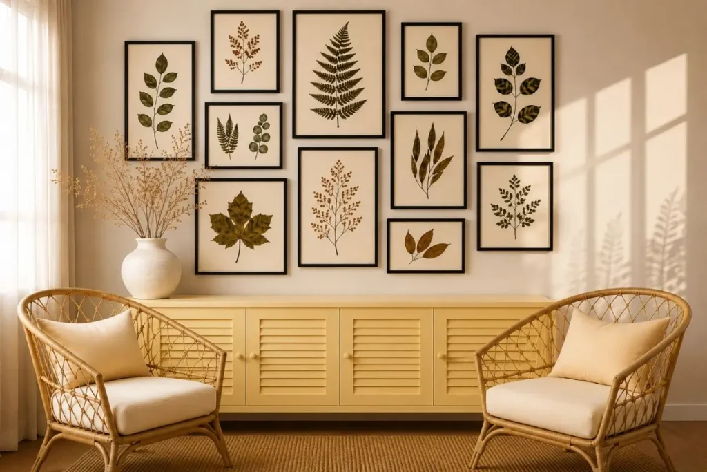Composição estilo galeria com quadros de folhas prensadas em molduras pretas sobre aparador amarelo manteiga