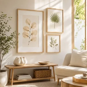 Molduras para quadros de folhas prensadas em madeira clara com decoração botânica natural