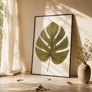 Quadro com folha costela-de-adão prensada em moldura preta fina com decoração escandinava iluminada