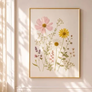 Quadro com flores prensadas delicadas em moldura dourada elegante com decoração clara e iluminada