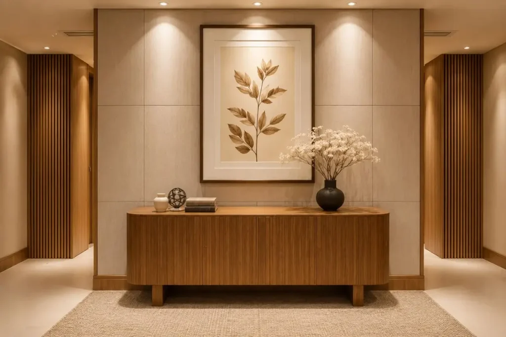 Quadro com folhas prensadas acima de aparador elegante em corredor sofisticado