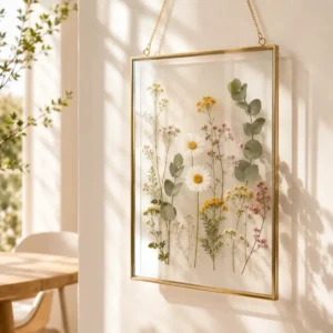 Quadro com vidro flutuante e flores prensadas delicadas em decoração elegante e iluminada