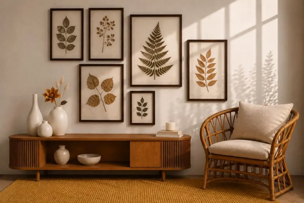 Quadros com folhas prensadas posicionados na altura ideal em sala minimalista elegante