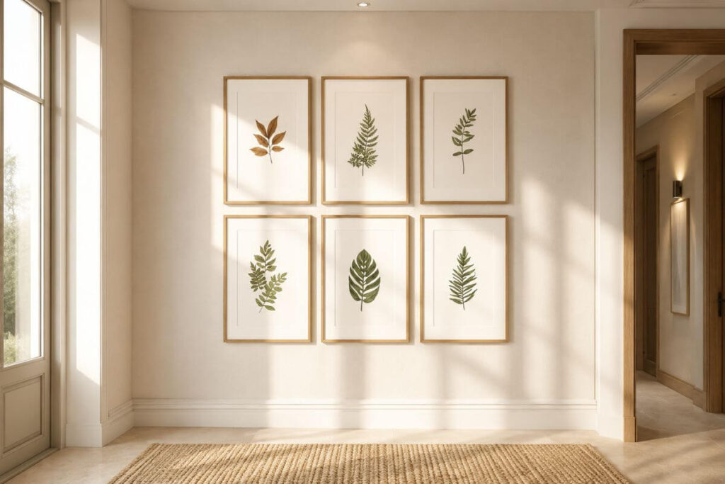 Composição de quadros com folhas prensadas alinhados harmoniosamente em corredor elegante