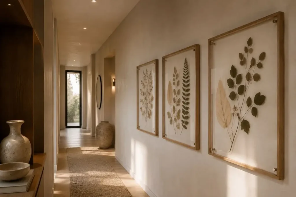 Quadros com folhas prensadas alinhados na altura dos olhos em corredor estreito elegante