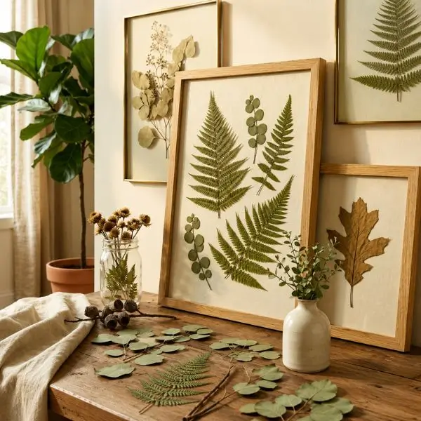Quadros com folhas prensadas em molduras de madeira natural decorando ambiente botânico sofisticado