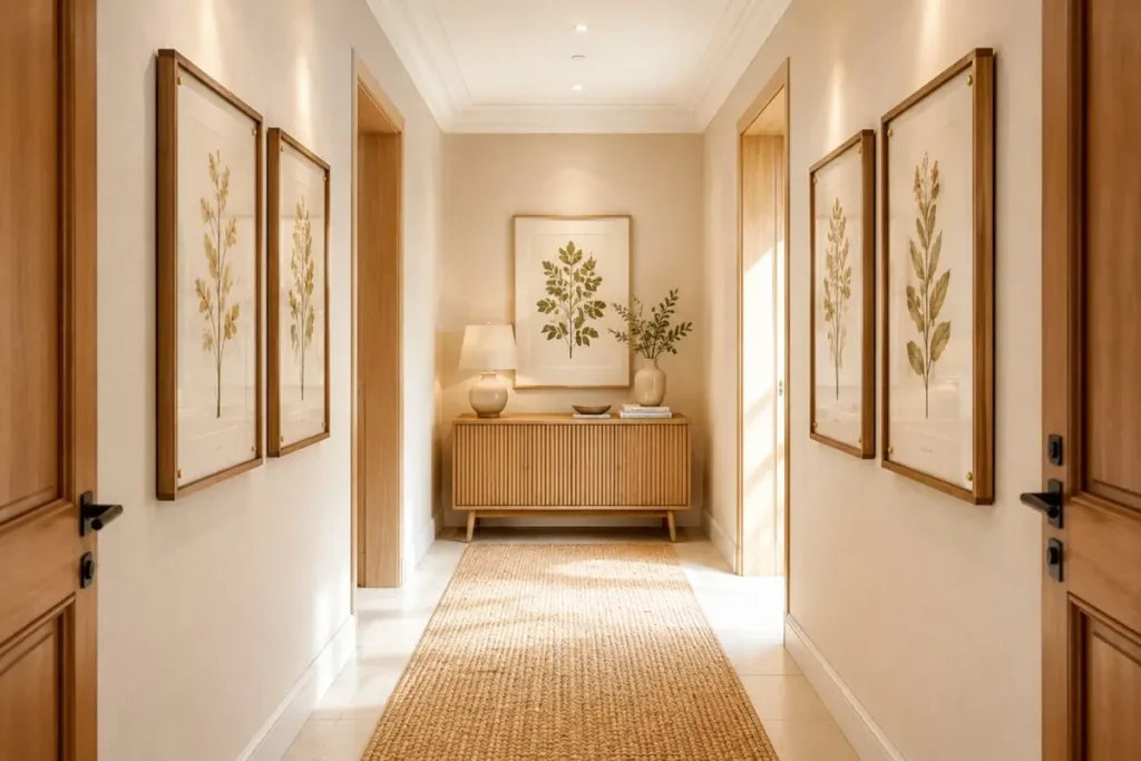 Quadros com folhas prensadas alinhados na linha dos olhos em corredor elegante e iluminado