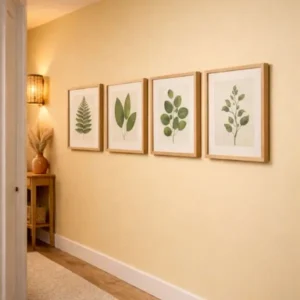 Altura ideal quadros corredor estreito com decoração botânica alinhada na parede