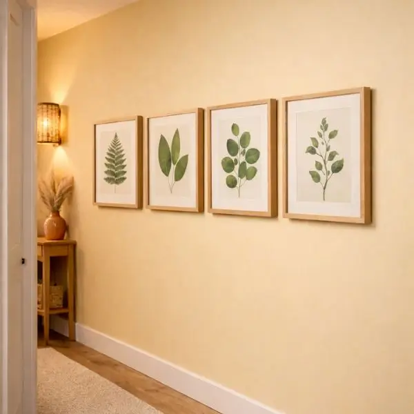 Altura ideal quadros corredor estreito com decoração botânica alinhada na parede