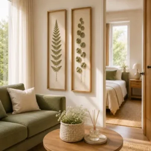 Best pressed leaf wall art for small spaces in a cozy minimalist apartment with Scandinavian decor and warm natural sunlight