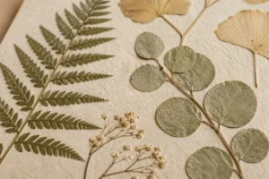 detalhe de folhas prensadas mostrando textura natural