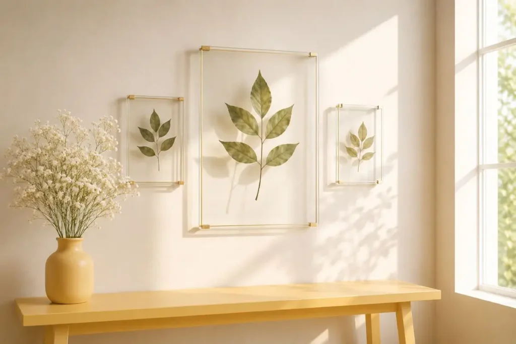 Floating glass botanical frames with pressed leaves, soft natural sunlight, pale yellow console table, and Scandinavian minimalist interior styling.