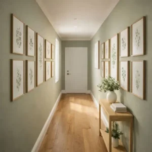 galeria de quadros em corredor estreito com molduras de madeira e decoração botânica