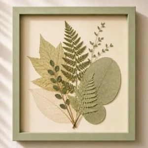 Layered pressed leaf wall art with soft green tones in a light moss green frame on a neutral beige background