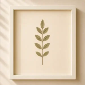 Minimalist pressed leaf wall art with a single stem in an off white frame on a neutral beige background