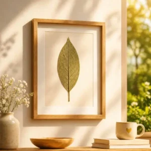 pressed leaf gallery wall with multiple frames on neutral beige wall