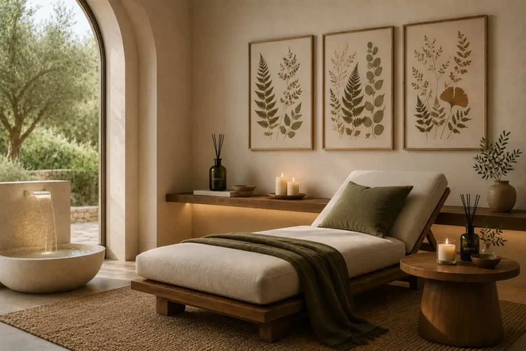 Relaxing spa-inspired botanical interior with mixed pressed leaf compositions, olive green accents, soft candles, artistic water fountain, and luxurious chaise lounge.