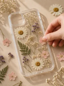 
pressed flower phone case placing flowers by hand
