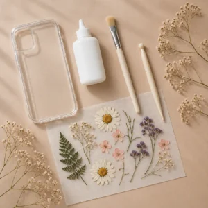 pressed flower phone case placing flowers by hand