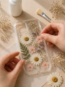 pressed flower phone case placing flowers by hand
