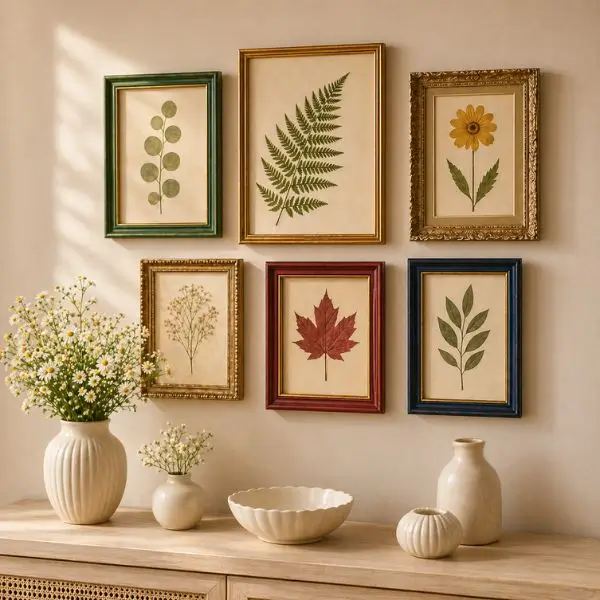 pressed leaf gallery wall with light ceramic decor and small flowers on neutral beige wall
