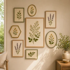 pressed leaf gallery wall in small space with green leaves and floral accents