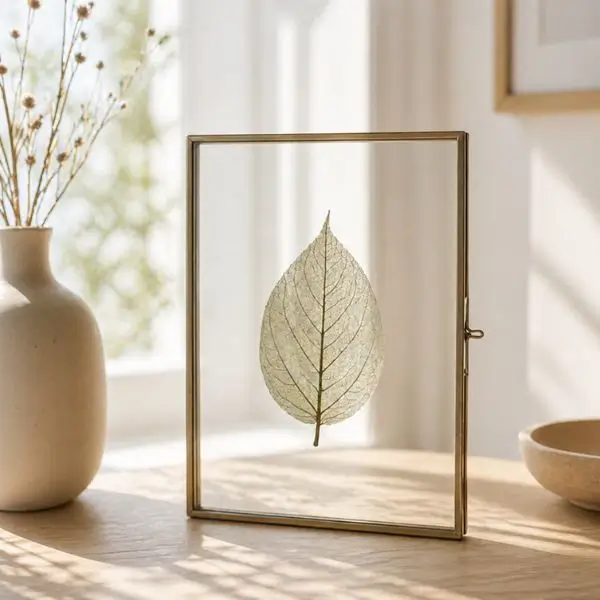 pressed leaf wall art in transparent glass frame with floating leaf and soft natural light minimalist decor