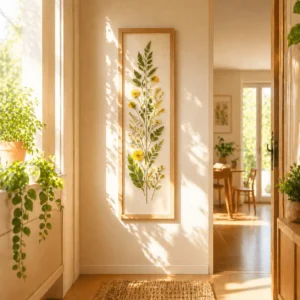 bright pressed leaf wall art in small hallway with natural sunlight and minimalist decor

]