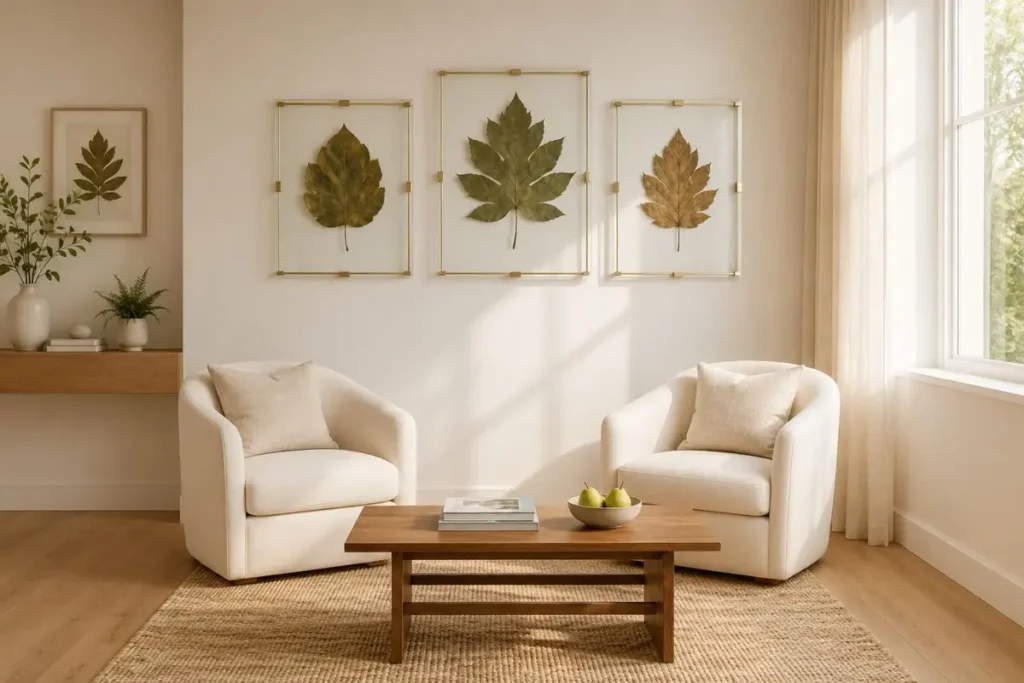Minimalist small living room with elegant pressed leaf wall art, floating glass frames, warm natural sunlight, and neutral quiet luxury decor.