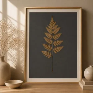 pressed leaf wall art with soft dark gray background featuring a large elegant fern leaf in a gold frame with natural light