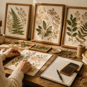 price pressed leaf wall art workspace with framed botanical art