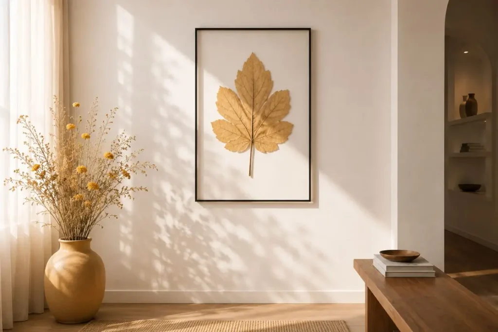 Single pressed botanical leaf in a thin black floating frame with soft natural sunlight and minimalist neutral interior styling.