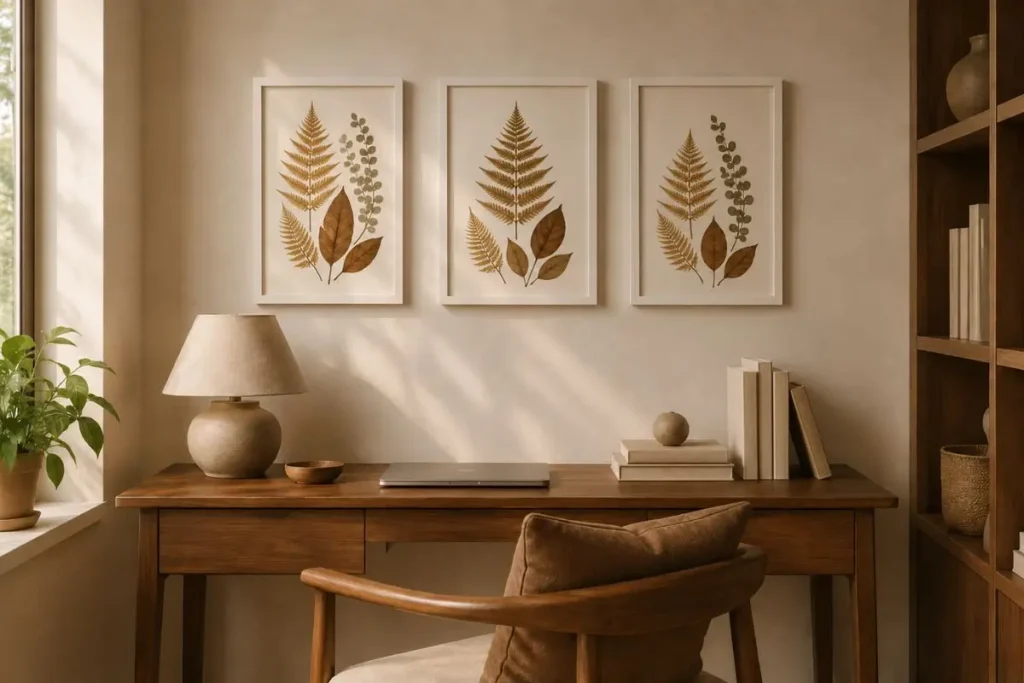 Small botanical gallery wall with pressed leaf artwork above a warm walnut wood desk in a cozy minimalist home office.