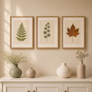 symmetrical pressed leaf wall art with three aligned frames above off white console with ceramic decor