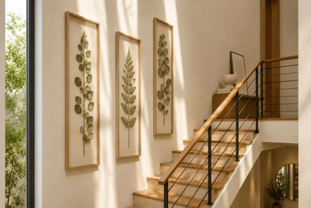 Vertical pressed leaf wall art displayed beside a modern staircase with warm natural sunlight and minimalist Scandinavian decor