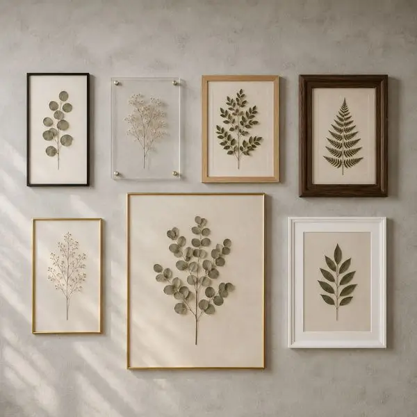 botanical frame styles displayed on a modern concrete wall
