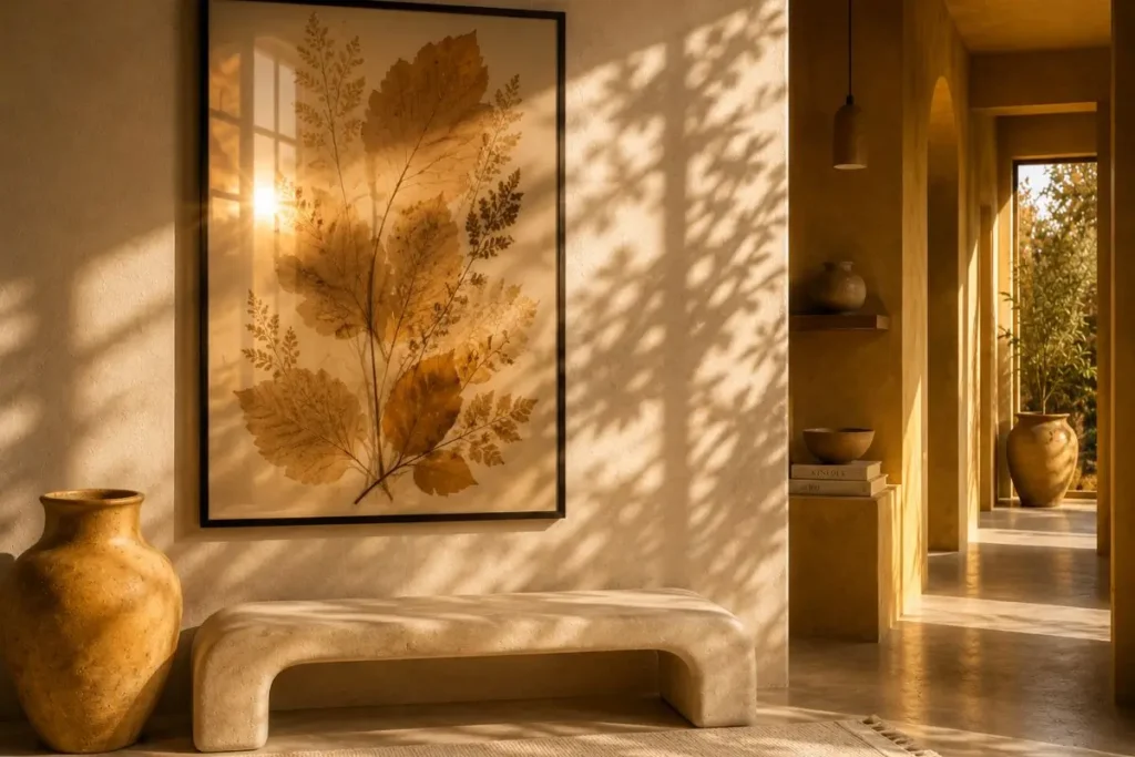 Neutral interiors with botanical decor featuring oversized pressed leaf wall art, warm architectural corridor, botanical shadows, and golden natural sunlight.