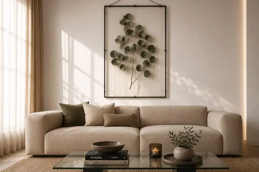 Luxury living room with floating pressed leaf botanical wall art inside a thin black frame