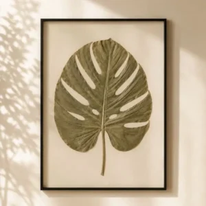 Botanical frame styles featuring real pressed monstera leaf wall art in thin black frame