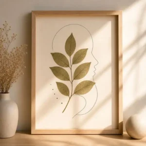 Pressed leaf wall art with minimal line art illustration in a neutral minimalist interior with soft natural light